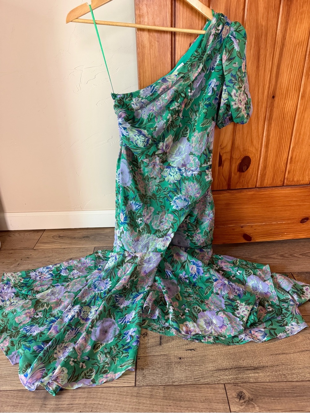 ASTR the Label One-Shoulder Midi Dress – Green Lilac Multi Floral, Size XS